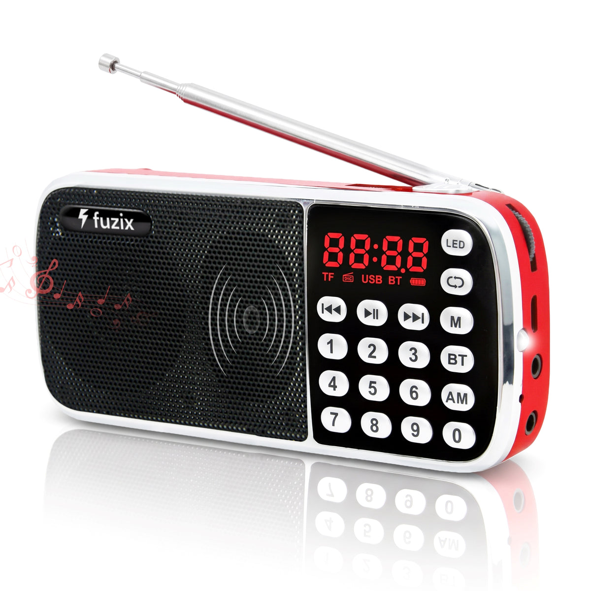 Fuzix Z-135 Portable AM/FM Radio & Bluetooth Speaker with Rechargeable Battery, LED Flashlight, USB & TF Card Playback, AUX Input, Digital Display, Numeric Keypad & Telescopic Antenna
