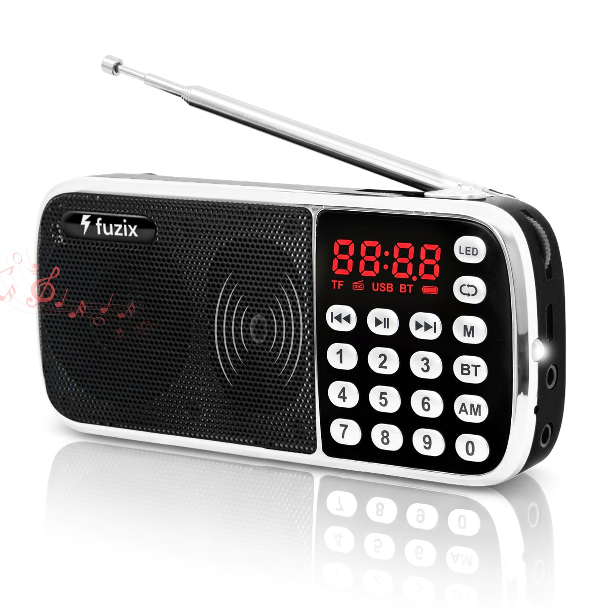 Fuzix Z-135 Portable AM/FM Radio & Bluetooth Speaker with Rechargeable Battery, LED Flashlight, USB & TF Card Playback, AUX Input, Digital Display, Numeric Keypad & Telescopic Antenna