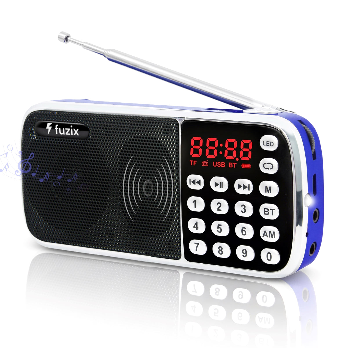 Fuzix Z-135 Portable AM/FM Radio & Bluetooth Speaker with Rechargeable Battery, LED Flashlight, USB & TF Card Playback, AUX Input, Digital Display, Numeric Keypad & Telescopic Antenna