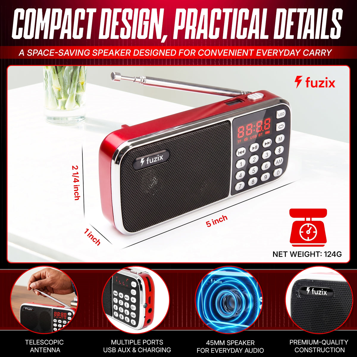Fuzix Z-135 Portable AM/FM Radio & Bluetooth Speaker with Rechargeable Battery, LED Flashlight, USB & TF Card Playback, AUX Input, Digital Display, Numeric Keypad & Telescopic Antenna