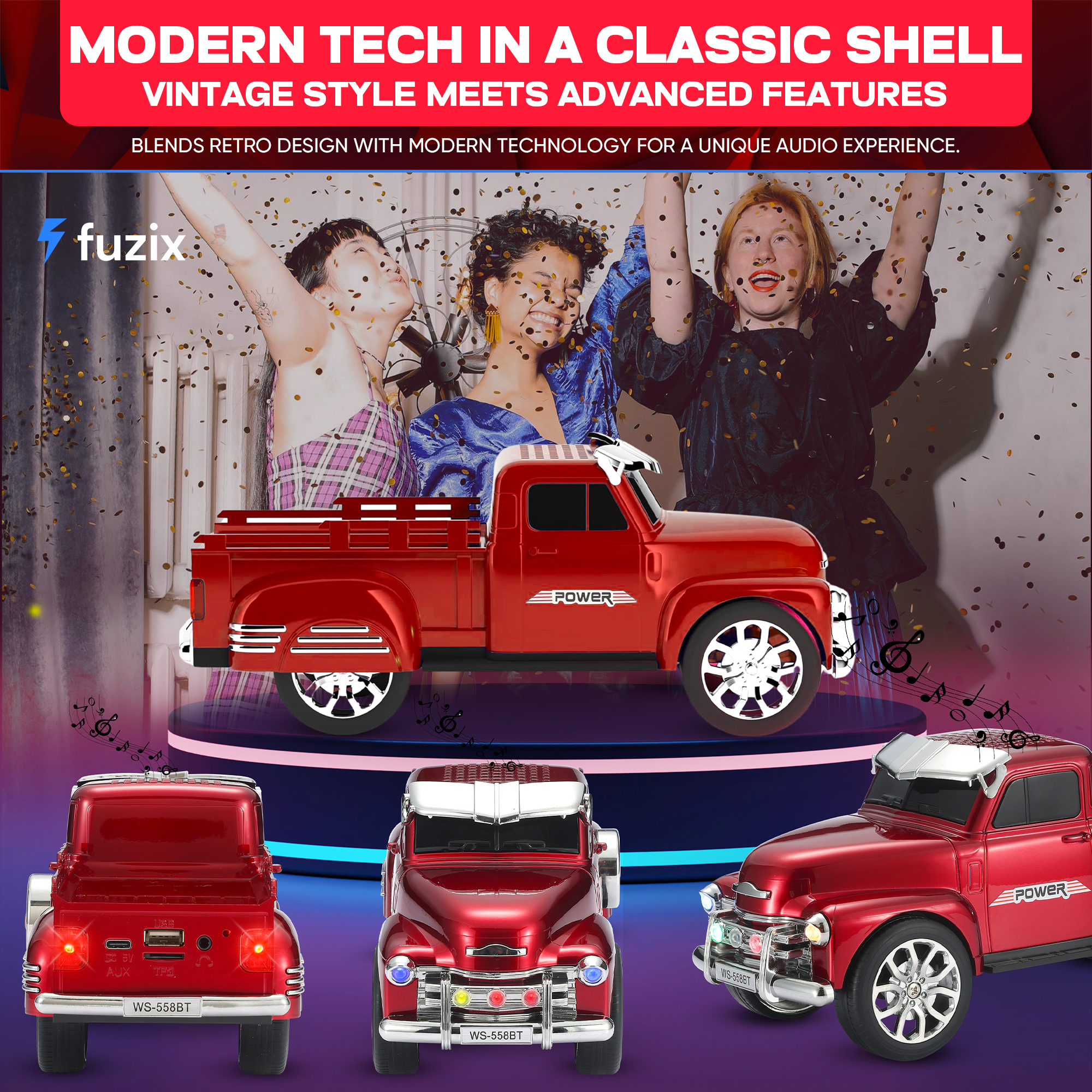 Fuzix WS-558 Car Bluetooth Portable Speaker with LED AUX USB FM Rechargeable