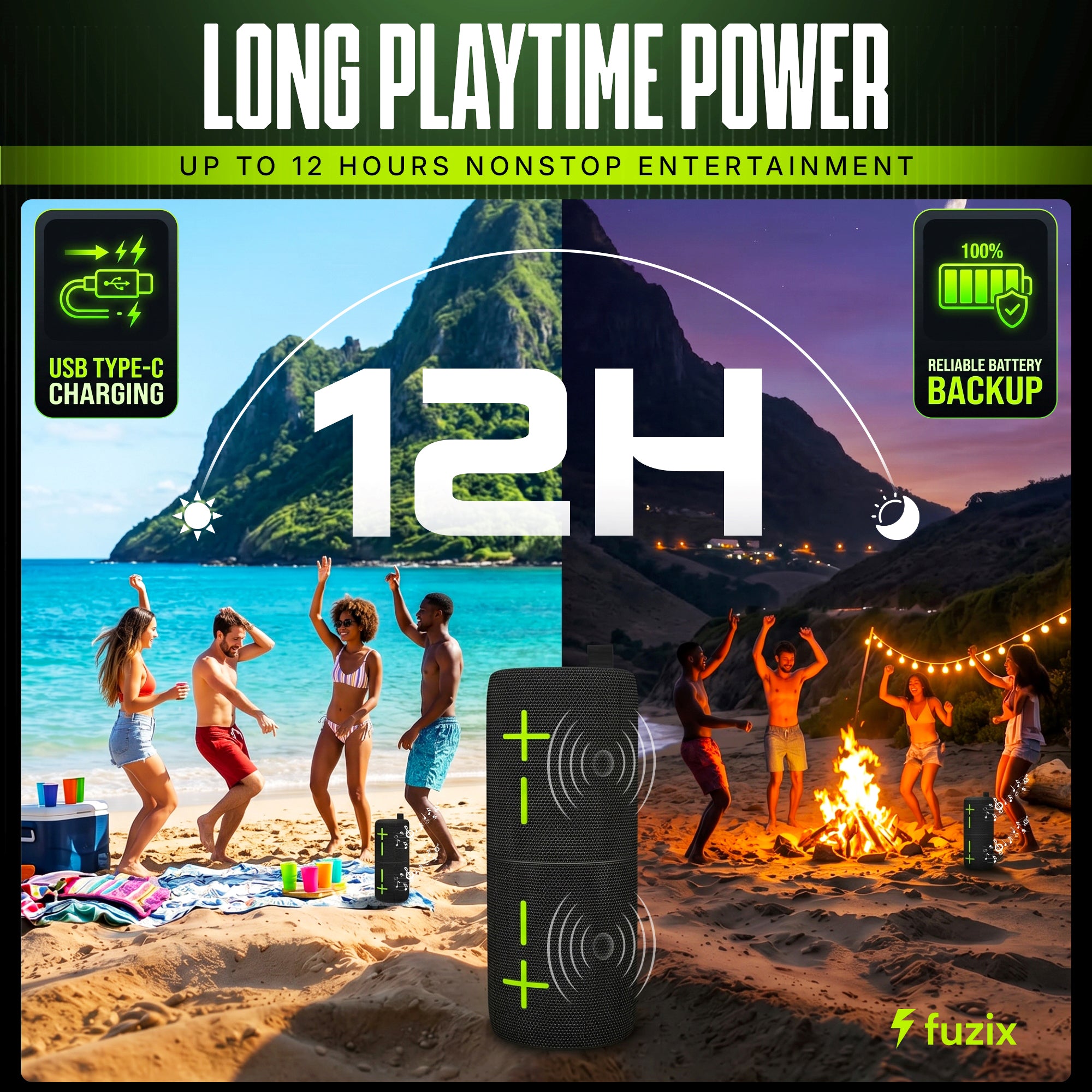 Fuzix Zap 2-in-1 Magnetic Bluetooth Speaker – 20W Split Stereo, RGB, IPX6, 12H Playtime