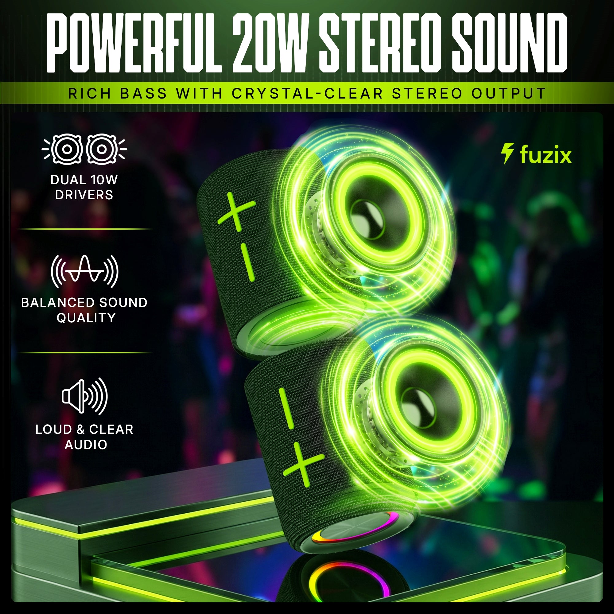 Fuzix Zap 2-in-1 Magnetic Bluetooth Speaker – 20W Split Stereo, RGB, IPX6, 12H Playtime
