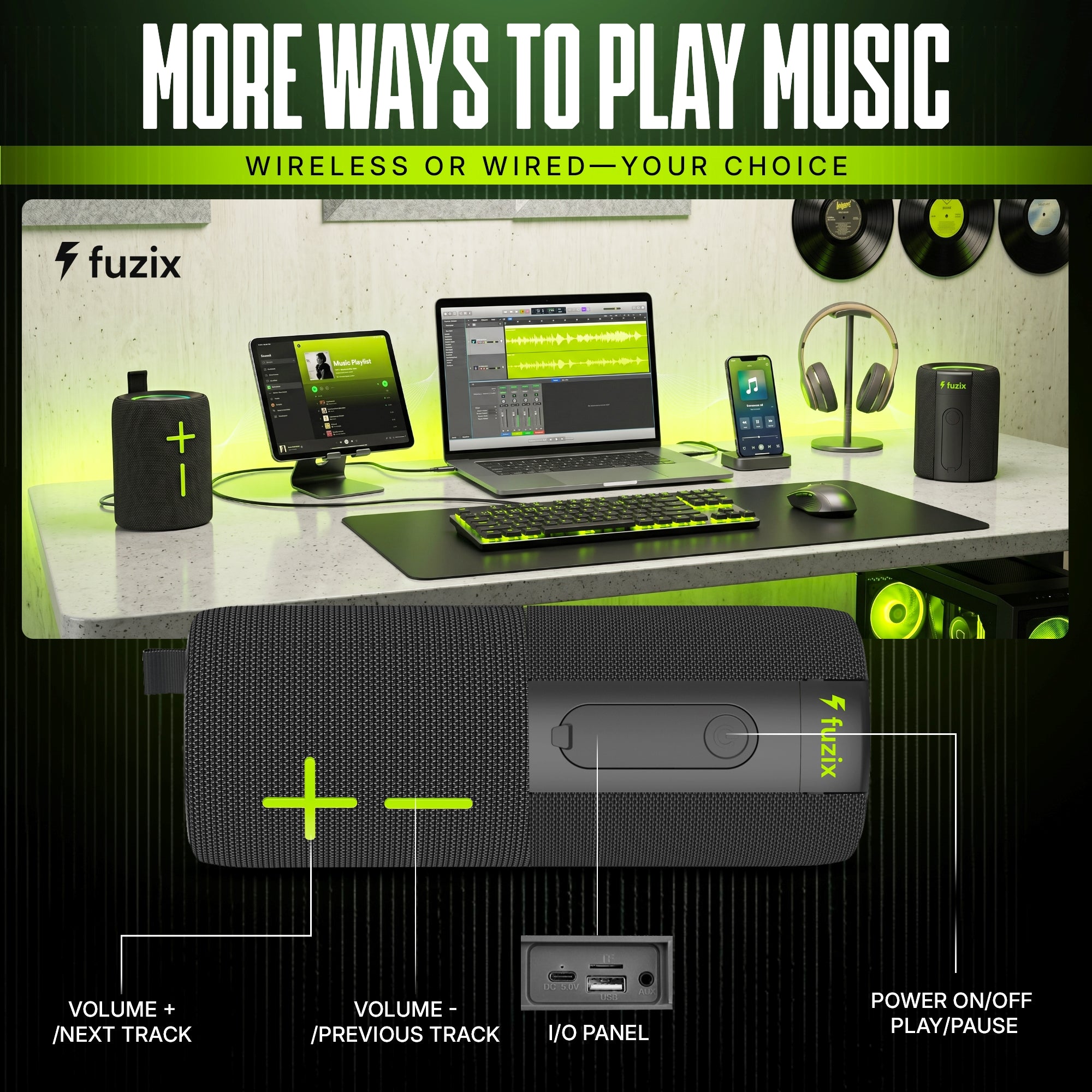 Fuzix Zap 2-in-1 Magnetic Bluetooth Speaker – 20W Split Stereo, RGB, IPX6, 12H Playtime