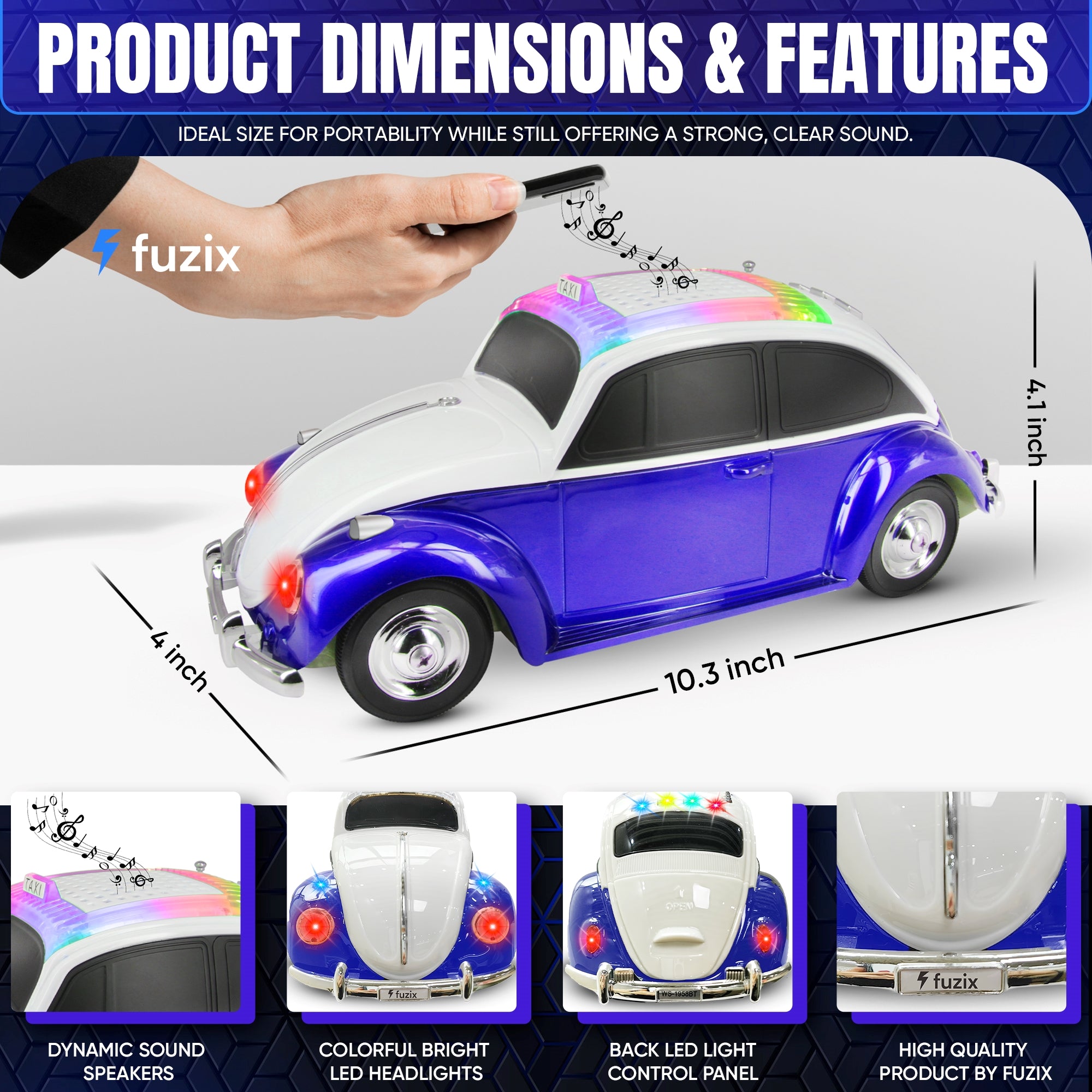 Fuzix WS-1958 Car Bluetooth Portable Speaker with LED AUX USB FM Rechargeable