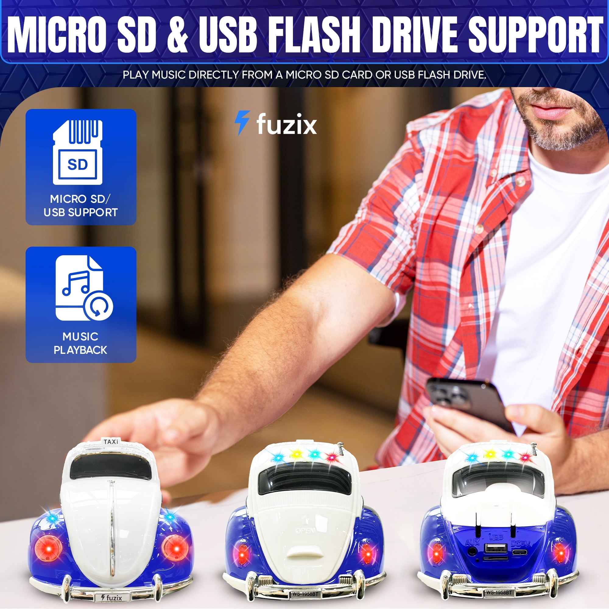 Fuzix WS-1958 Car Bluetooth Portable Speaker with LED AUX USB FM Rechargeable