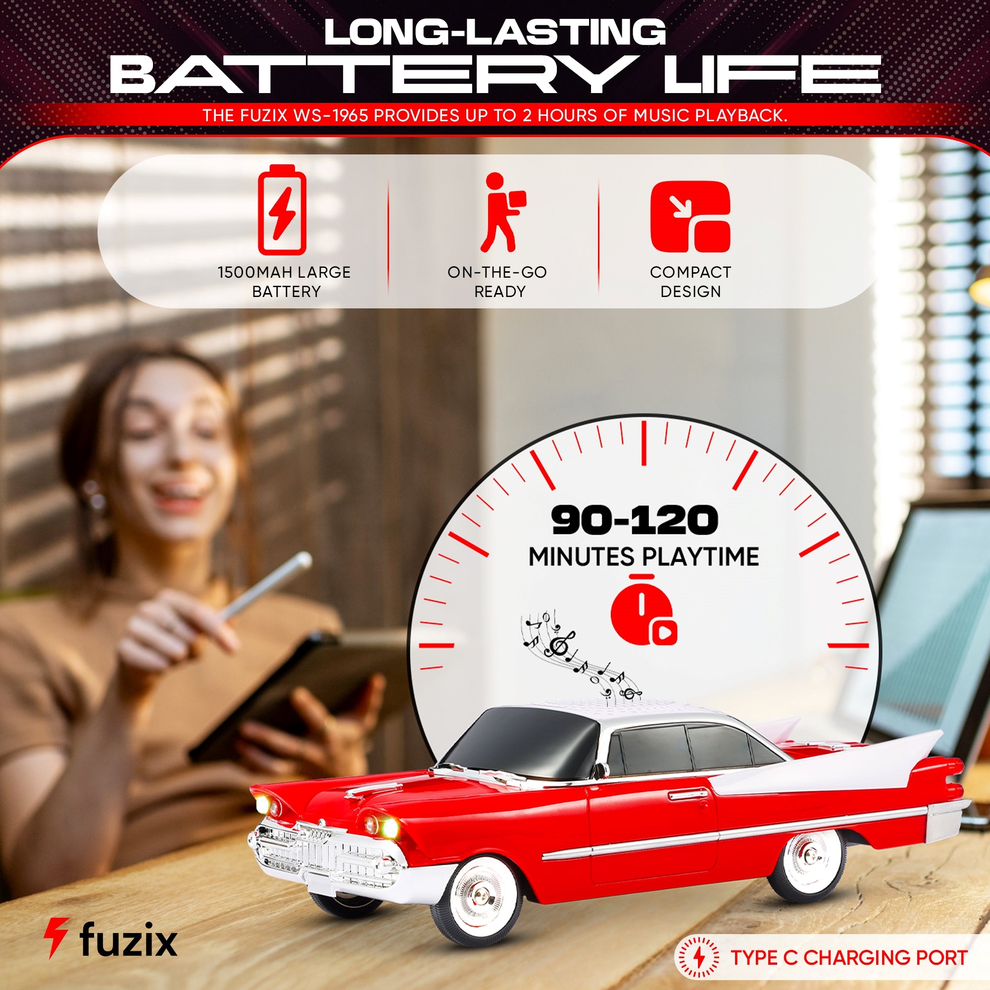 Fuzix WS-1965 Car Bluetooth Portable Speaker with LED AUX USB FM Rechargeable