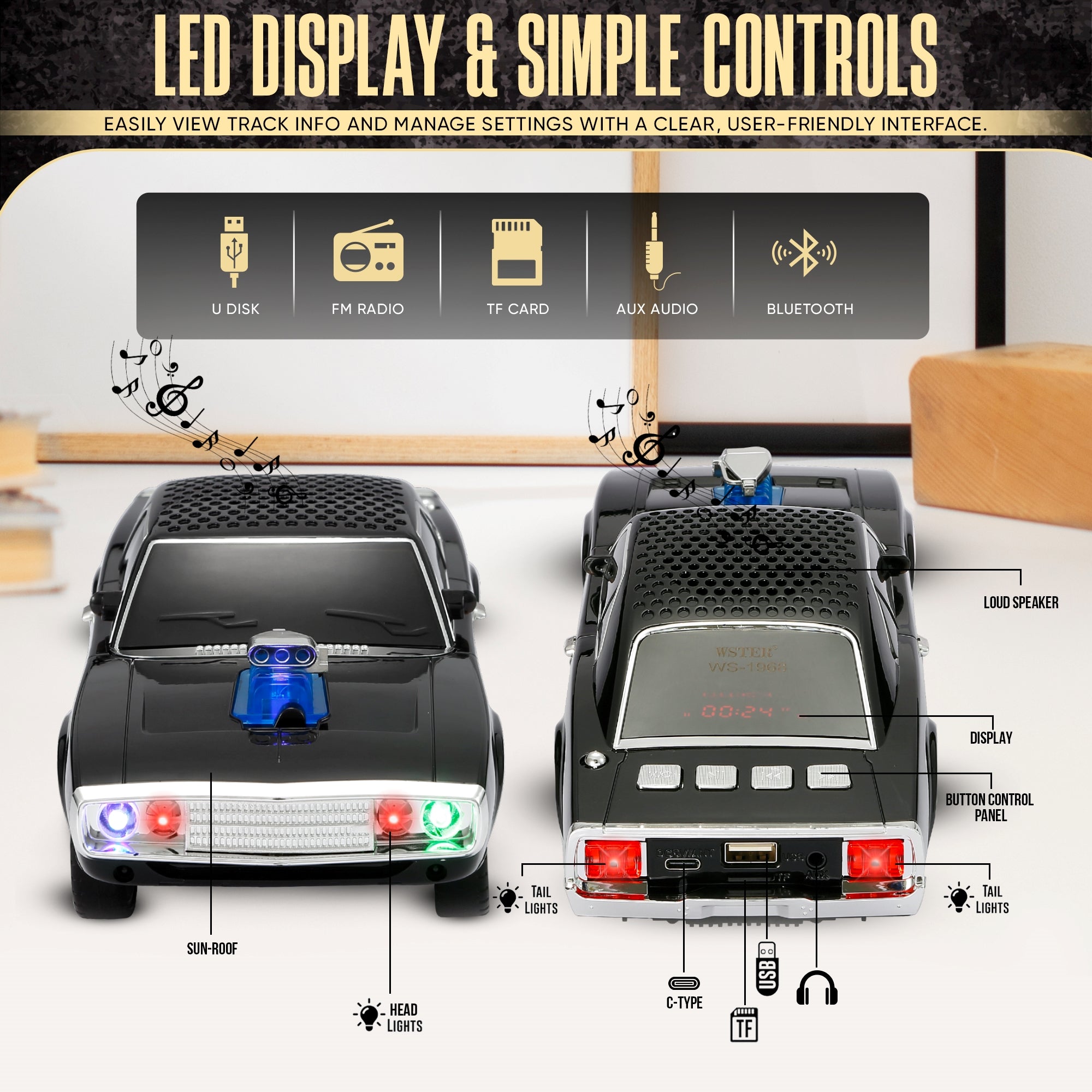 Fuzix WS-1968 Car Bluetooth Portable Speaker with LED AUX USB FM Rechargeable