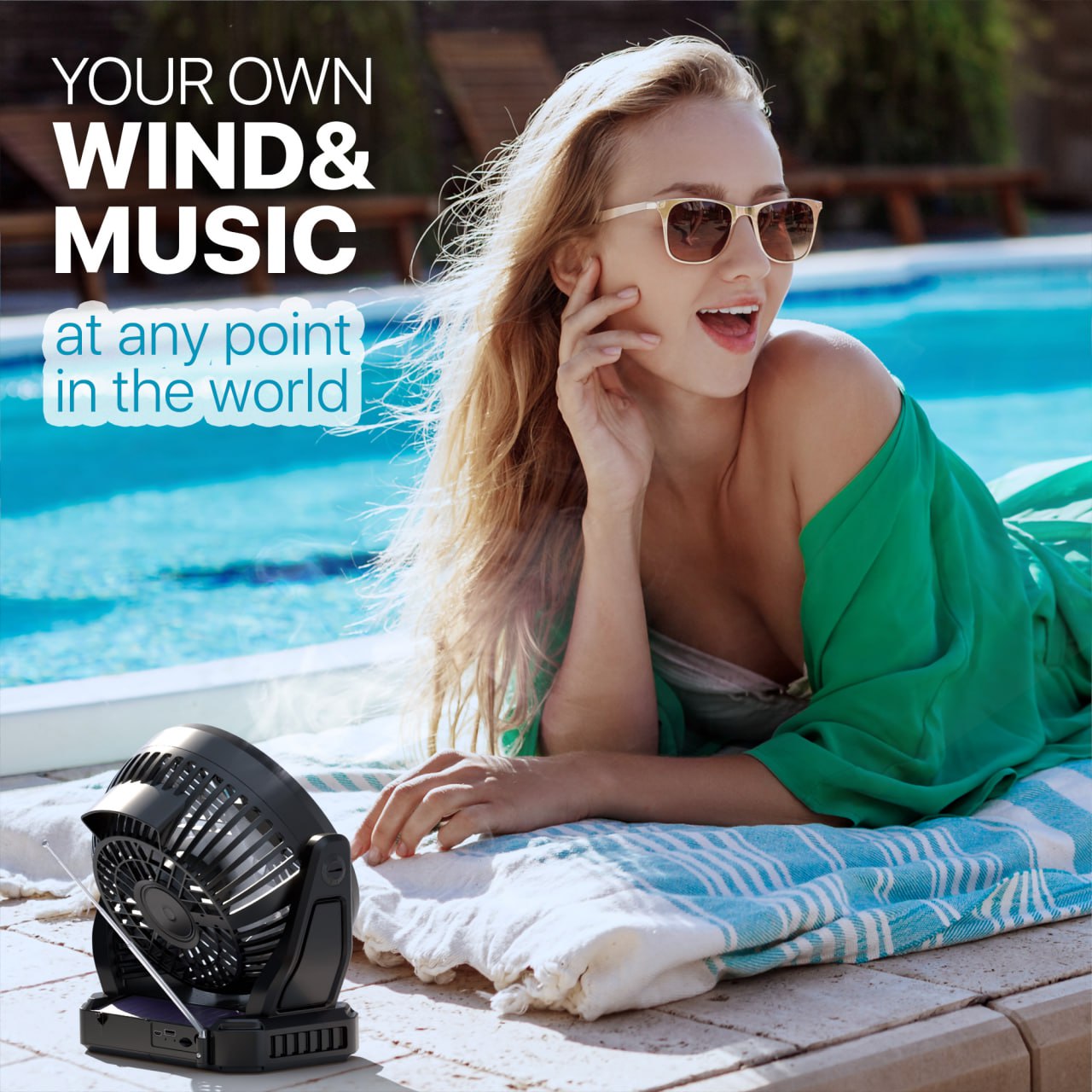 Fuzix Aero Solar Fan Speaker – 6" Blade, 3-Speed, LED Light, Foldable Hook, Bluetooth, FM, AUX, USB/SD