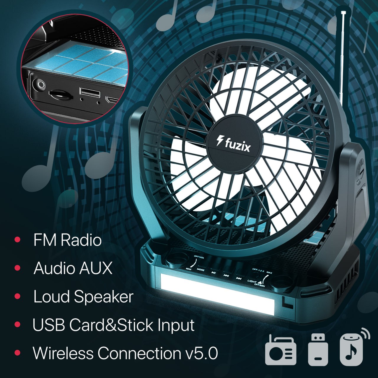 Fuzix Aero Solar Fan Speaker – 6" Blade, 3-Speed, LED Light, Foldable Hook, Bluetooth, FM, AUX, USB/SD