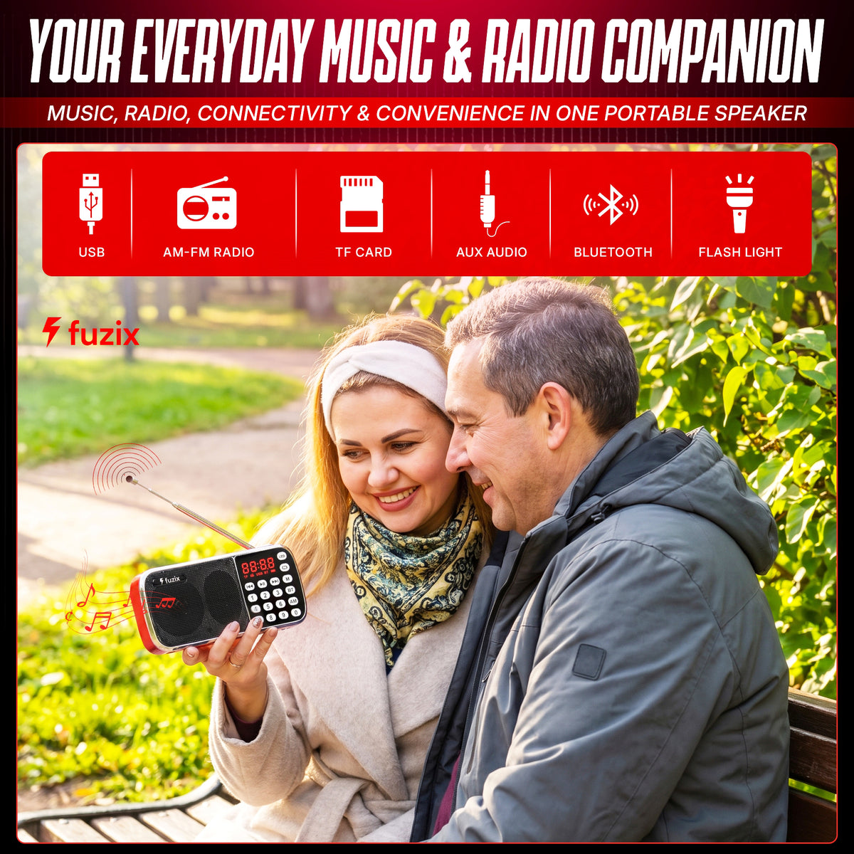 Fuzix Z-135 Portable AM/FM Radio & Bluetooth Speaker with Rechargeable Battery, LED Flashlight, USB & TF Card Playback, AUX Input, Digital Display, Numeric Keypad & Telescopic Antenna