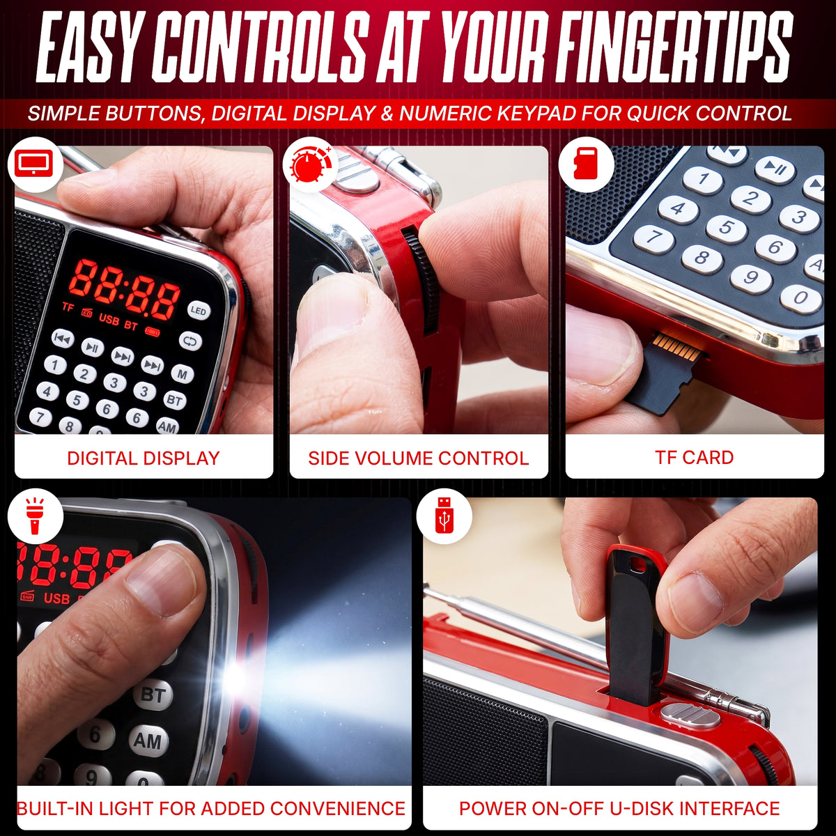 Fuzix Z-135 Portable AM/FM Radio & Bluetooth Speaker with Rechargeable Battery, LED Flashlight, USB & TF Card Playback, AUX Input, Digital Display, Numeric Keypad & Telescopic Antenna