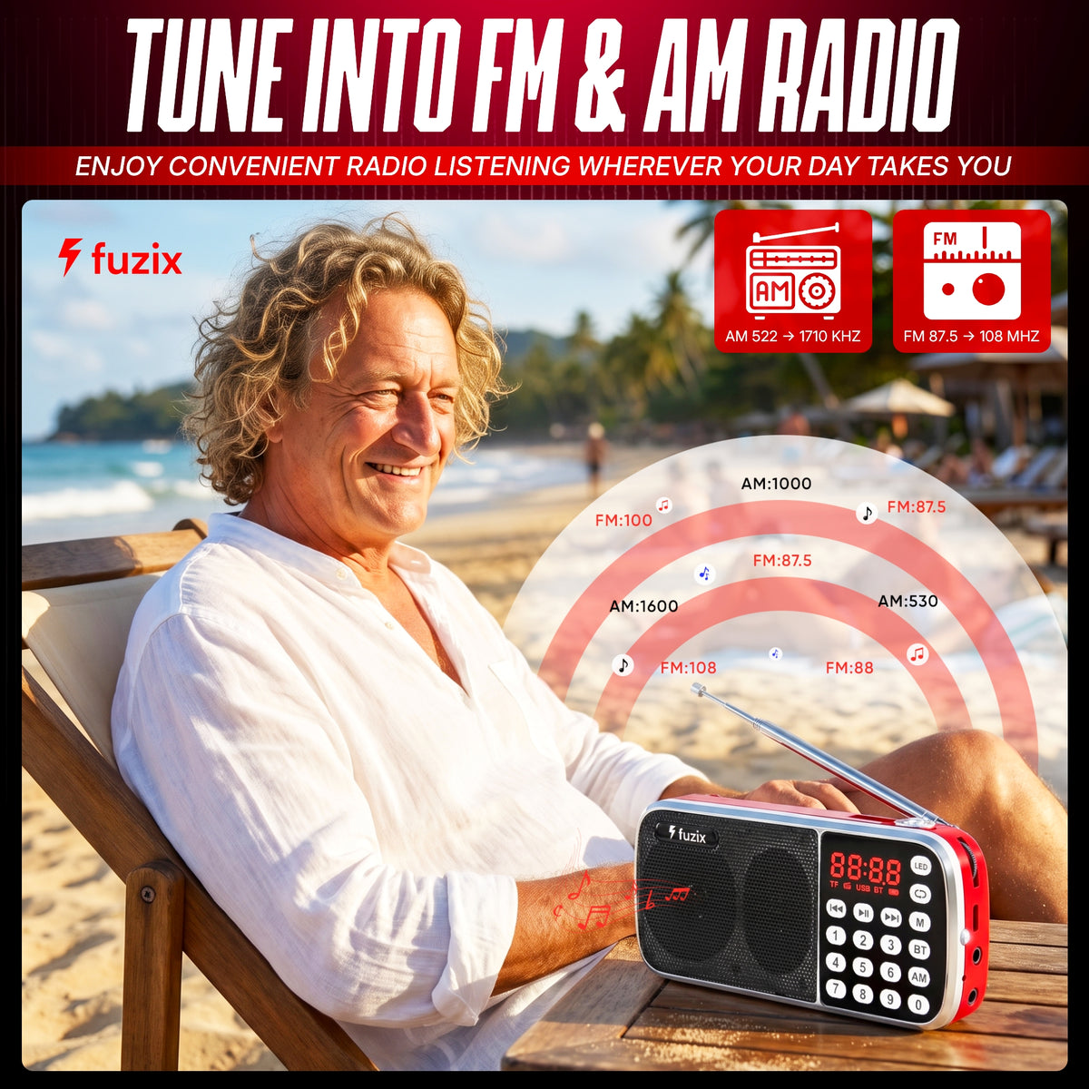 Fuzix Z-135 Portable AM/FM Radio & Bluetooth Speaker with Rechargeable Battery, LED Flashlight, USB & TF Card Playback, AUX Input, Digital Display, Numeric Keypad & Telescopic Antenna