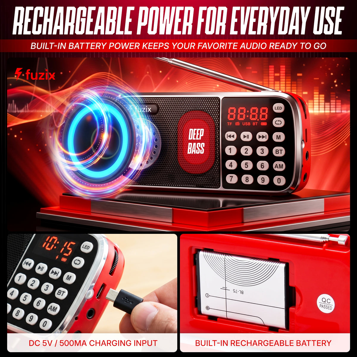 Fuzix Z-135 Portable AM/FM Radio & Bluetooth Speaker with Rechargeable Battery, LED Flashlight, USB & TF Card Playback, AUX Input, Digital Display, Numeric Keypad & Telescopic Antenna