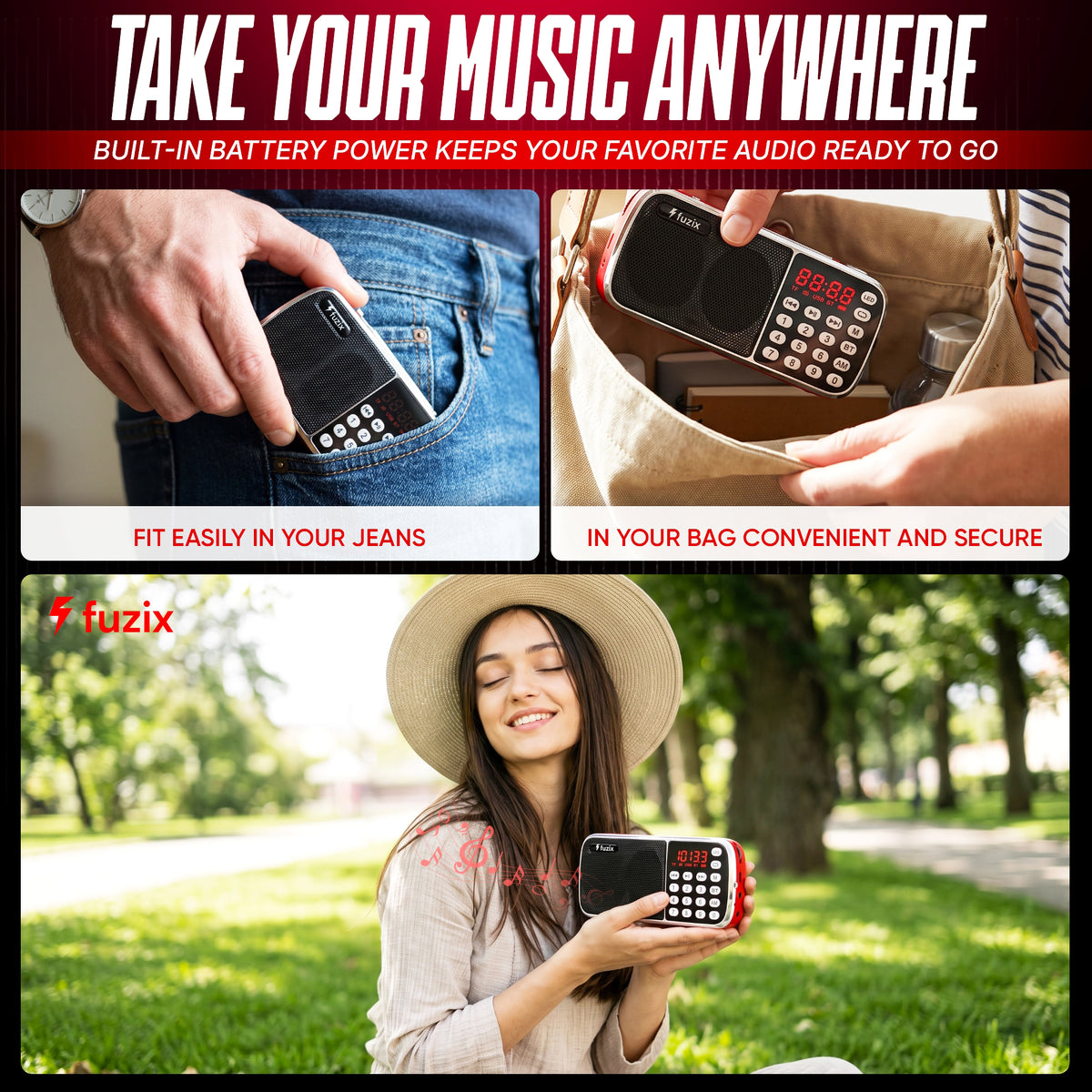 Fuzix Z-135 Portable AM/FM Radio & Bluetooth Speaker with Rechargeable Battery, LED Flashlight, USB & TF Card Playback, AUX Input, Digital Display, Numeric Keypad & Telescopic Antenna