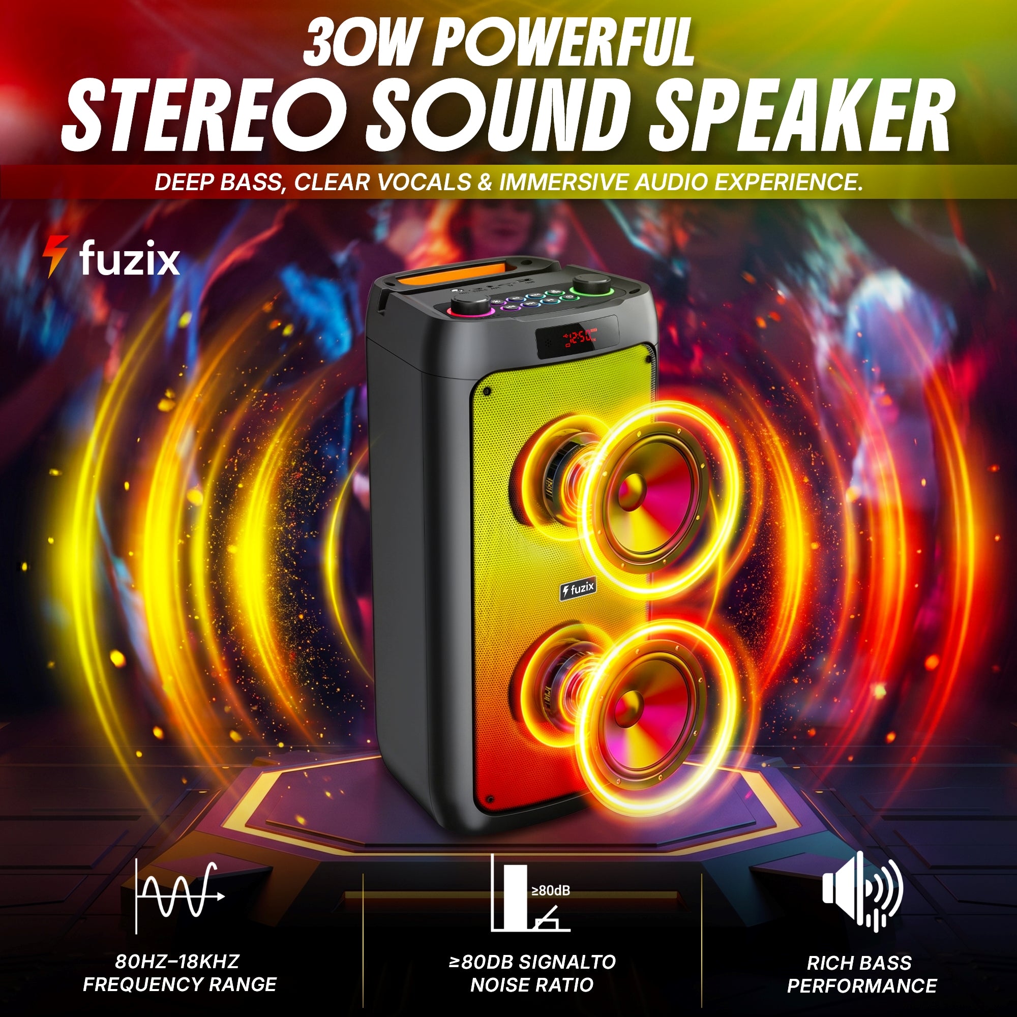 Fuzix Pulse 30W Bluetooth Party Speaker – Wireless Karaoke Mic & LED Lights