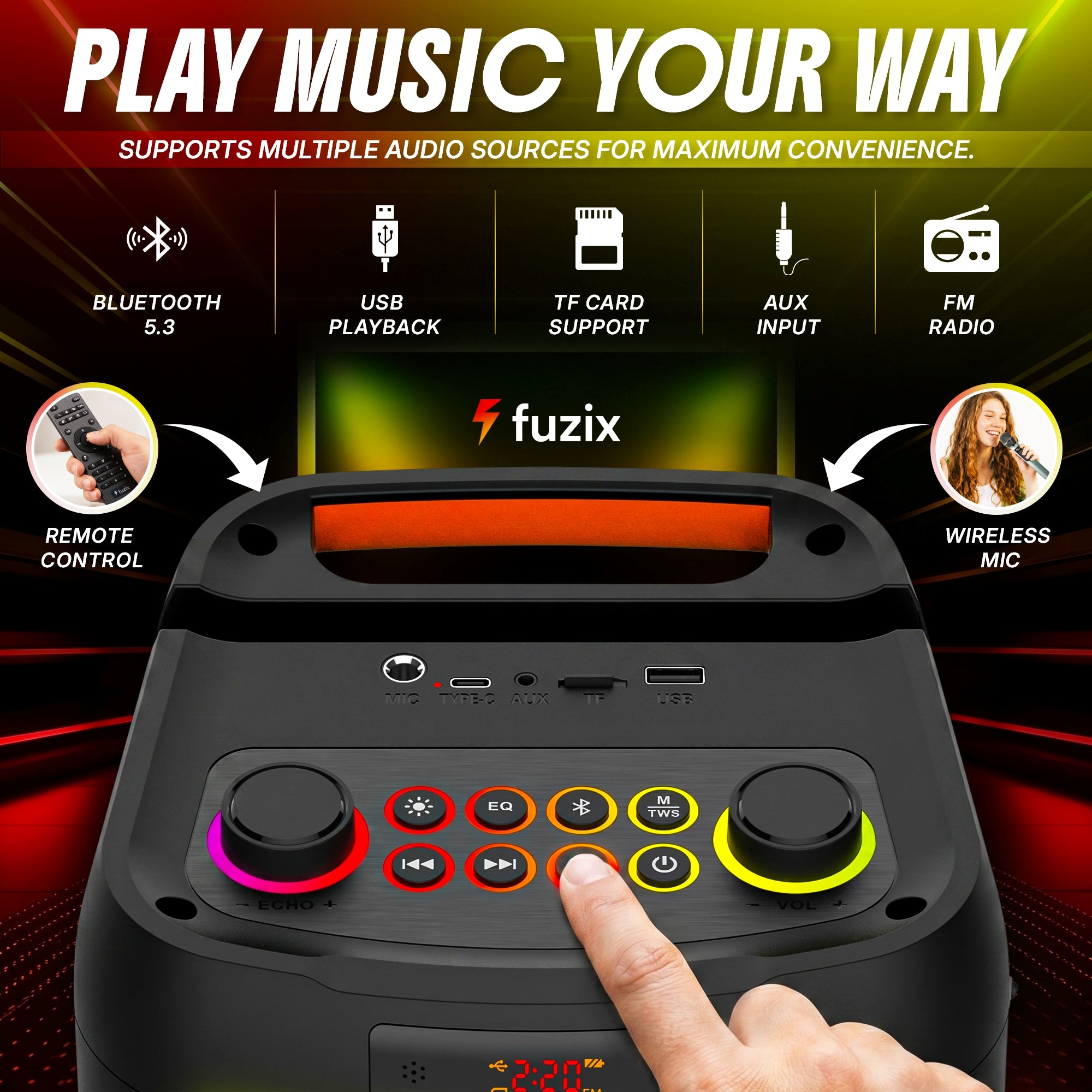 Fuzix Pulse 30W Bluetooth Party Speaker – Wireless Karaoke Mic & LED Lights