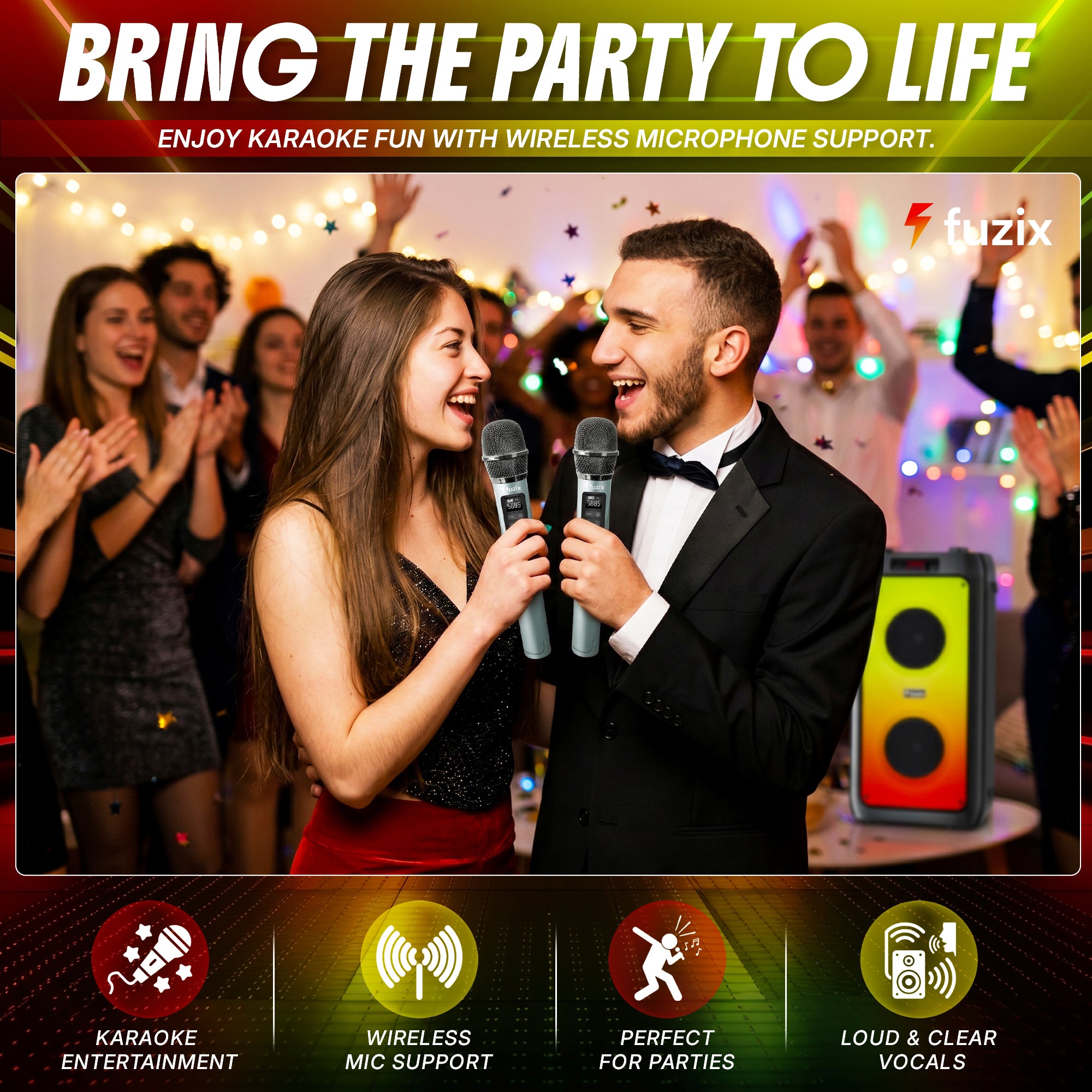 Fuzix Pulse 30W Bluetooth Party Speaker – Wireless Karaoke Mic & LED Lights